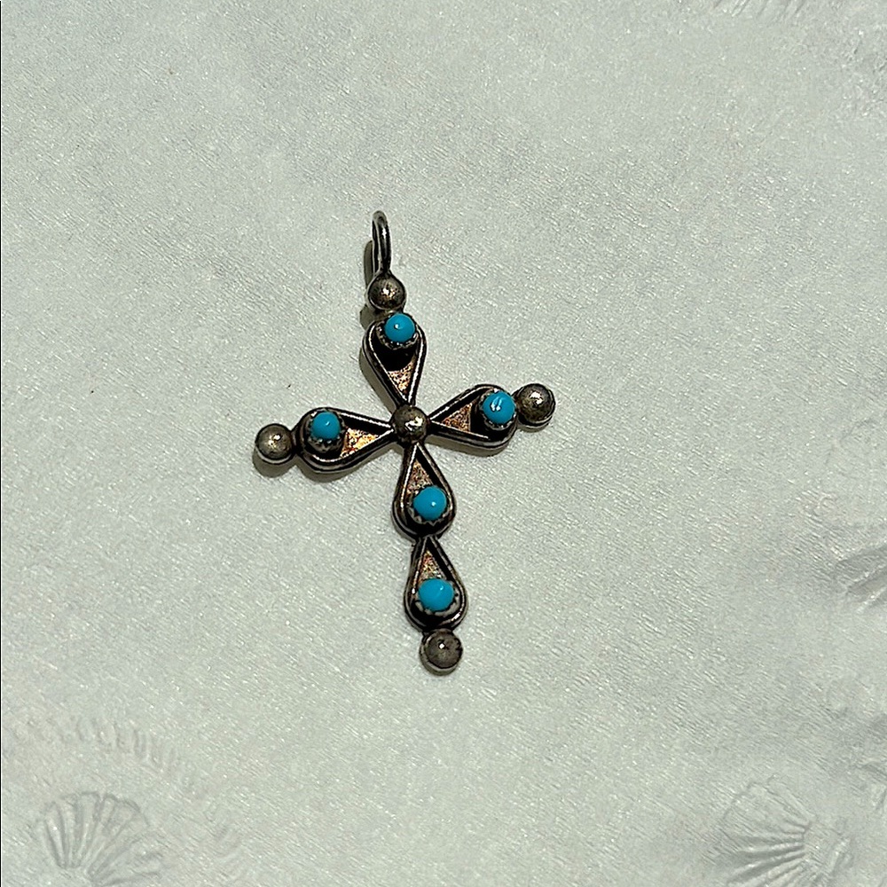 Vintage Navajo Indian Sterling Silver Turquoise Petit Point Cross Pendant
